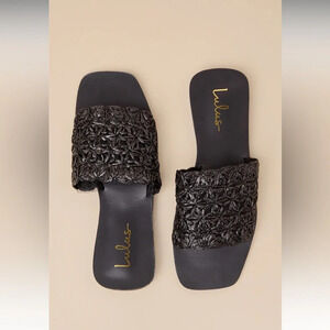 Lulus Syracuse Black Straw Woven Slide Sandals Large